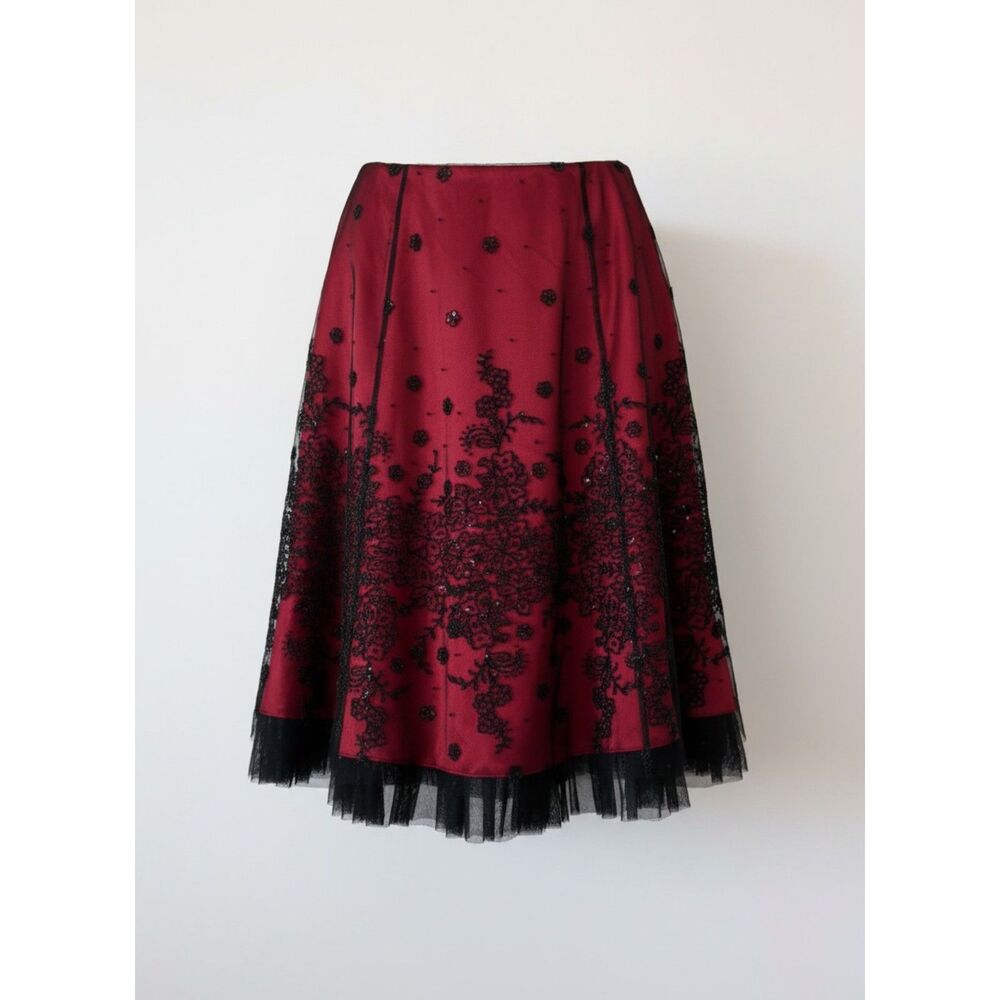 Adrianna Papell Evening Essentials Red Black Beaded Tulle Overlay Skirt 12P